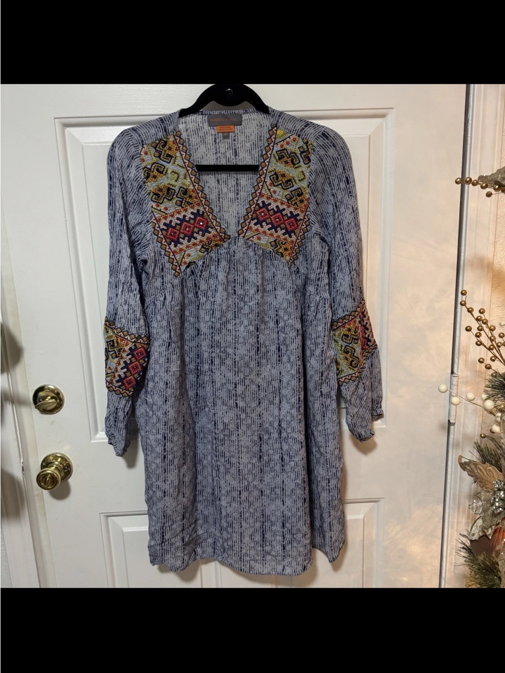 Anthropologie Bhanuni Jyoti Linne Embroidered Tunic Dress Blue Boho Size XS